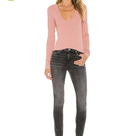 rag & bone Zoe Top Deep Vee Long Sleeve Ribbed Crepe Fitted Mauve L NWT - Picture 12 of 14